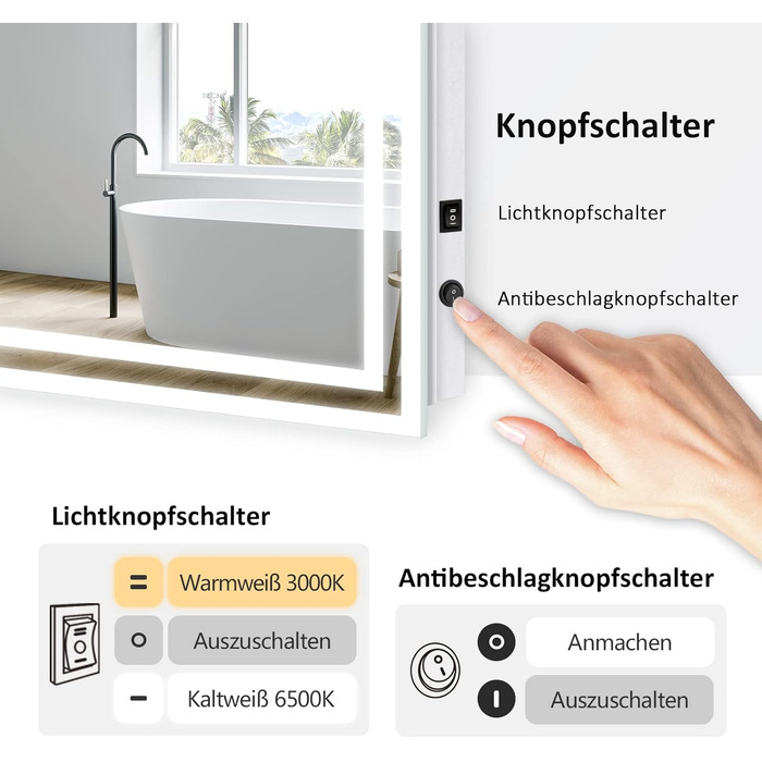 Дзеркало для ванної кімнати EMKE з підсвічуванням 50x60 см, з вимикачем-кришкою, антивміст, 2 кольори світла (тепле/холодне), LED, горизонтальне/вертикальне встановлення