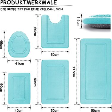 Чакме Килимок для ванної кімнати, антиковзаючий, м'який, швидковисихаючий, набір з 5 шт., блакитно-зелений