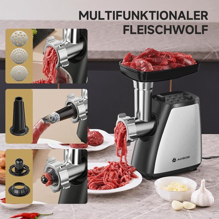 М'ясорубка електрична AAOBOSI 3-в-1, 2800 Вт, нержавіюча сталь: з насадками для ковбас та кубебе, 2 ножі, 3 решітки для дому