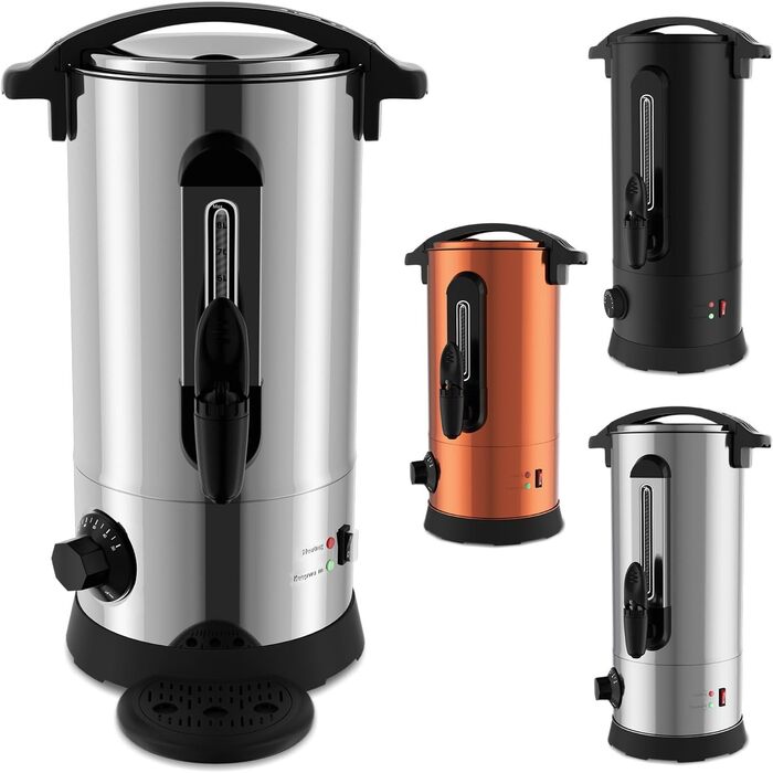 Глювайновий нагрівач з 10 чашками | 1500W нагрівач гарячих напоїв з нержавіючої сталі з термостатом 30–110°C, функцією підігріву та краном | Глювайновий автомат для вечірок (8л, срібний)