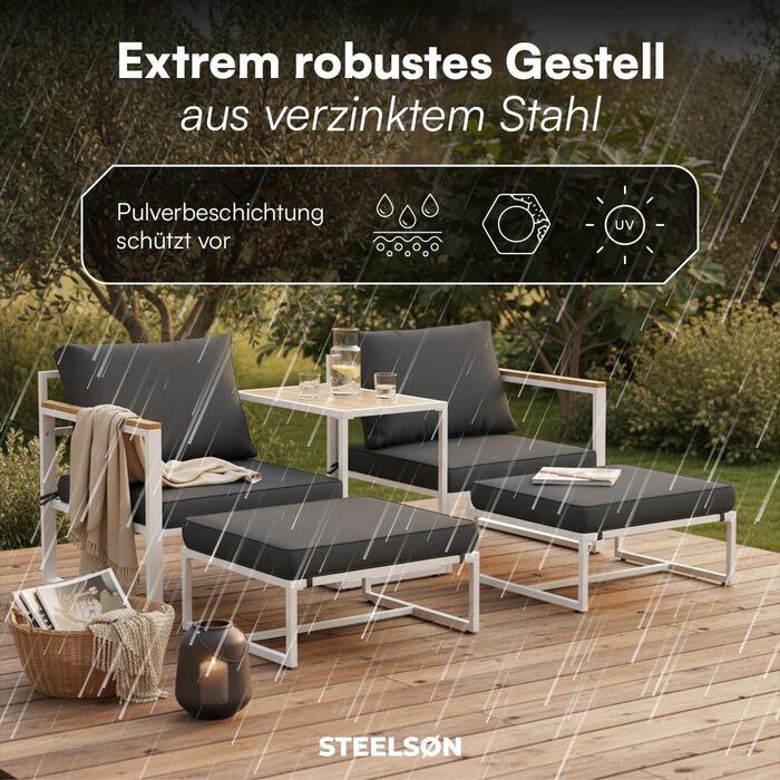 Садовий набір меблів STEELSØN Asteri 5 предметів: 2 крісла, 2 пуфи, стіл - білий, з подушками, для тераси та балкона, металевий каркас, стійкий до погодних умов