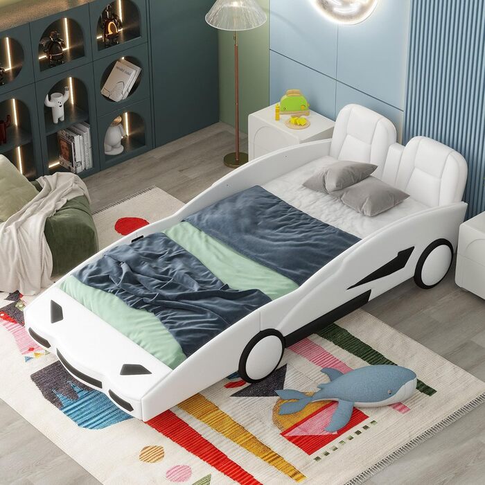Дитяче автомобільне ліжко Merax Дитяче ліжко Модель автомобіля Ліжка, односпальне ліжко з рейковим каркасом і місцем для зберігання, ігрове ліжко для маленьких гонщиків хлопчиків і дівчаток, PU поверхня, до 250 кг, білий (90 x 200 см, білий-1)
