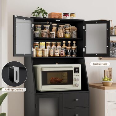 Кухонна шафа HOCSOK 163 см з робочою поверхнею, буфет, шафа для зберігання продуктів, 3 двері та 4 шухляди, висока шафа для кухні, вітальні, їдальні, бару, білий (чорний)