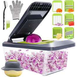 Ручний овочевий слайсер-мандоліна з 6 лезами та контейнером 3.3L - професійний овочевий слайсер з захистом рук, багатофункціональний, для слайсів, жульєну та подрібнення цибулі, чорно-зелений