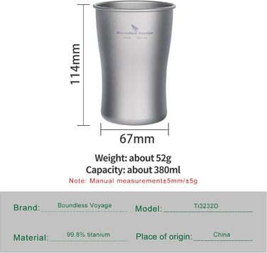 iBasingo Титановий стакан для кемпінгу 600мл, 380мл - легкий, міцний, для напоїв, з об'ємом 380мл та 600мл Ti3233D, Ti3232d