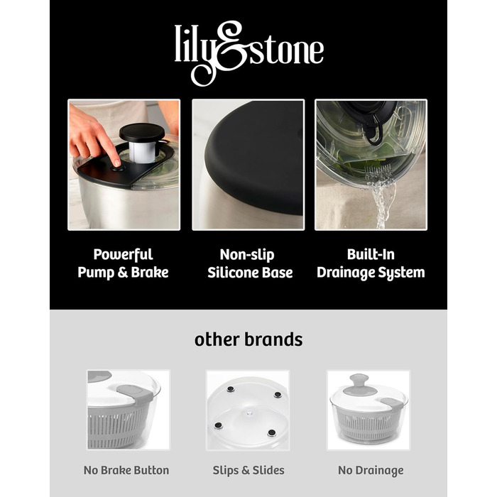 Салатниця-центрифуга з нержавіючої сталі, велика, 6.33 л: для миття та сушіння салатів, овочів та фруктів