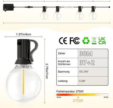 Ланцюжок прикрас LED для вулиці, 30 метрів, тепле біле світло, з пультом, диммування, для балкона, тераси, саду, павільйону, вечірки, вологостійкий