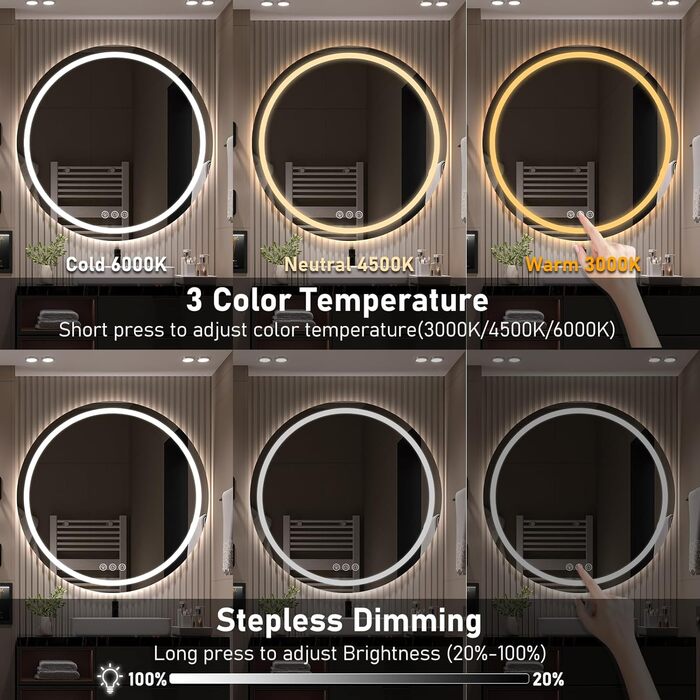 Дзеркало для ванної кімнати з підсвічуванням, 60 см, кругле, з антизапарюванням, регульоване, 3 кольори світла (70x70 см)