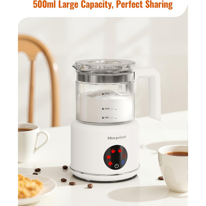 Електричний спінювач молока Morpilot 6-в-1: для капучіно, лате, гарячого шоколаду, 130-500мл, 600W, скляний, для миття в посудомийній машині