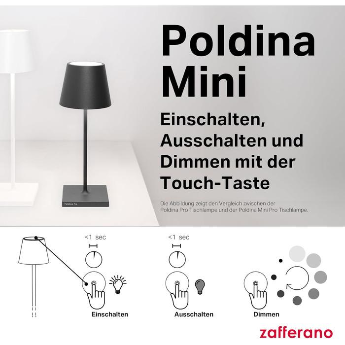Zafferano Poldina Pro Mini - Бездротова LED-лампа для дому та вулиці, біла, з регулюванням яскравості, 30 см