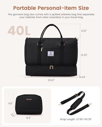 LOVEVOOK Складаний дорожній саквояж для жінок, 2-в-1, з сумкою для взуття, водонепроникний, для ручної поклажі, 53L, чорний