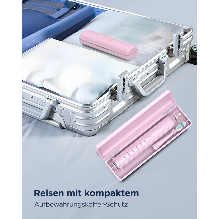 Електрична зубна щітка звукового типу для дорослих та дітей, 5 режимів чищення, 3 рівні інтенсивності, таймер, 8 насадок, чохол для подорожей, рожевий колір