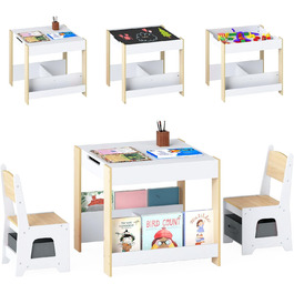 Дитячий стіл LIFEZEAL 3 в 1 з 2 стільцями: стіл для малювання, активностей та їжі. Дитяча меблева група з дерева з місцем для зберігання (колір дерева)