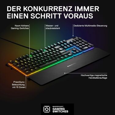 Клавіатура SteelSeries Apex 3 для ігор з RGB-підсвічуванням 10 зон, тихі ігрові клавіші, преміум підставка для зап'ястя, захист IP32, QWERTZ розкладка