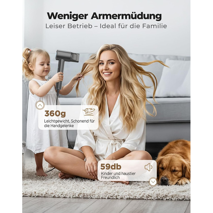 Іонний фен для волосся з дифузором, професійний стайлер 150 000 об/хв, 8 режимів температури з LED-дисплеєм, для кучерявого та густого волосся, чорний