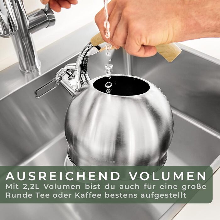 Чайник для води 2,2 л - індукційний та газовий - без пластику, дерев'яна ручка, чайник-флейта зі свистком