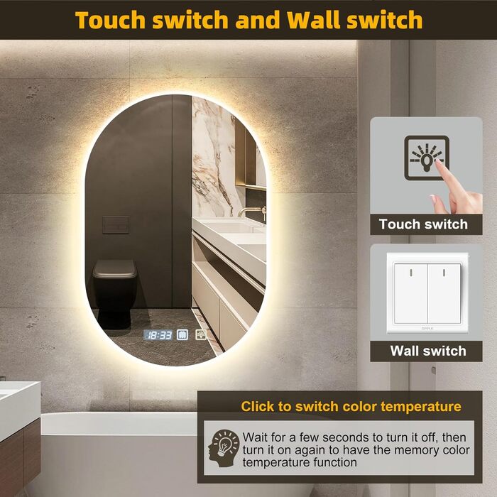 Дзеркало для ванної кімнати 600 мм з підсвічуванням, регулюванням яскравості, антизапарюванням, таймером | IP44, вологостійке, з сенсорним вимикачем | для ванної, готелю, кругле, овальне, 500 мм, 750 мм