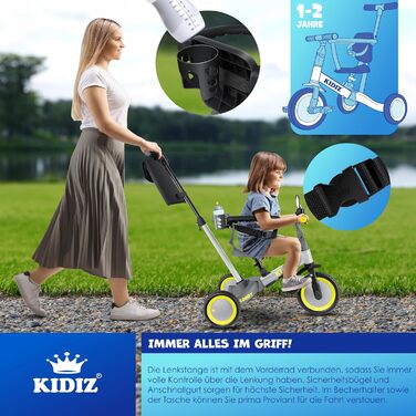 Біговел-триколіс KIDIZ 6-в-1 для дітей від 1 до 5 років (до 25 кг), сірий: з ручкою, захисним бампером, ременем безпеки, дзвінком та дзеркалом