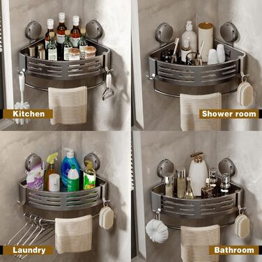 Полка для душу Voldra без свердління, кутова полиця для ванної кімнати з присосками, металева полиця для душу з тримачем для рушників (2 шт., сірий)