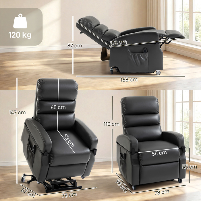 Крісло-релаксатор з підйомним механізмом та електроприводом. Електричне крісло з підніжкою, пультом дистанційного керування та функцією відкидання спинки, колір – темно-сірий.