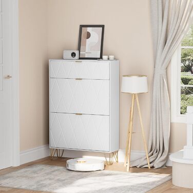 Взуттєва шафа UEV з 2 відкидними дверцятами, 80 x 24 x 120 см, на 16 пар взуття, з 1 висувною шухлядою, біла, вузька, для передпокою, економія місця