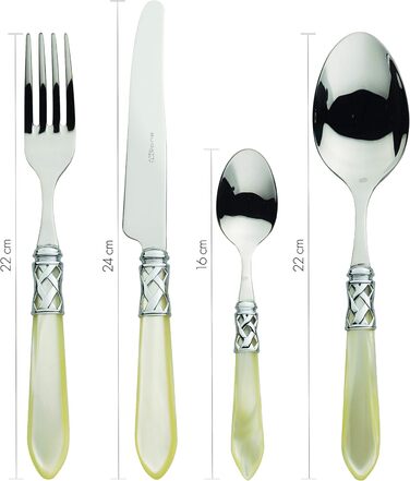 Набір столових приборів Bugatti Aladdin 24 шт. з нержавіючої сталі 18/10, хромуванням та ручками кольору онікс з перламутровим ефектом. Комплект на 6 осіб: 6 ложок, 6 виделок, 6 ножів та 6 чайних ложок
