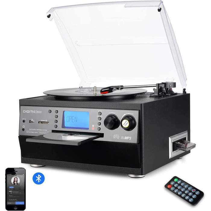 Вініловий програвач з Bluetooth, USB, CD та FM, 3 швидкості, вбудовані динаміки, функція кодування