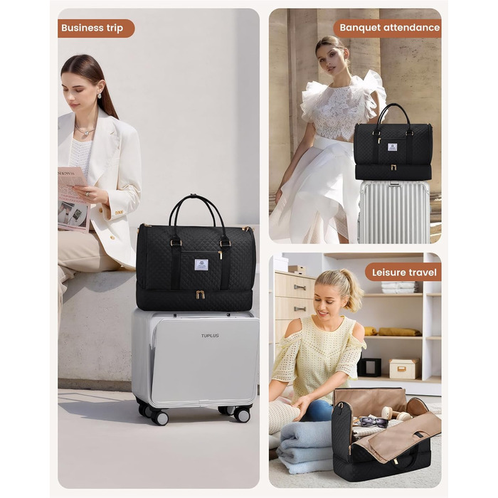 LOVEVOOK Складаний дорожній саквояж для жінок, 2-в-1, з сумкою для взуття, водонепроникний, для ручної поклажі, 53L, чорний