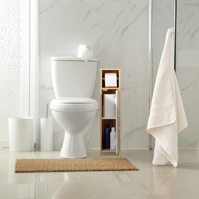Тримач для туалетного паперу Relaxdays стоячий, полиця для ванної кімнати HBT 718x20 см, МДФ і бамбук, шафа для туалетного паперу, коричневий/білий