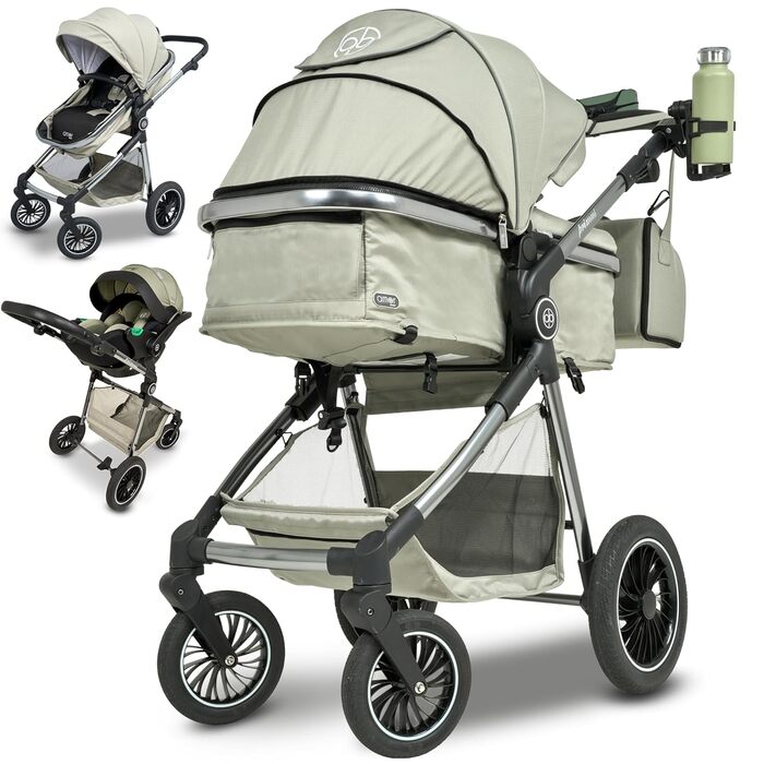 Дитяча коляска 3 в 1 з автокріслом та люлькою | Коляска для новонароджених з 5-точковим ременем безпеки | Кольори: світло-оливковий