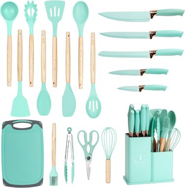 Набір кухонних ножів EliteHoff 19 предметів: 5 ножів, 12 кухонних аксесуарів, дошка для нарізання та підставка. Зручні дерев'яні ручки, силіконові аксесуари, безпечні для харчових продуктів, придатні для миття в посудомийній машині, чорний (E-6073)