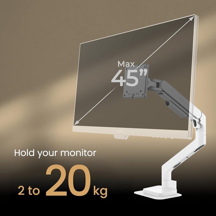 Кріплення для монітора BenQ BSH01 Ergo – газ-амортизатор, підтримка до 45” та 20 кг, стабільна конструкція, швидкий монтаж, кріплення на клямці або гвинтах, VESA 75x75 & 100x100 мм