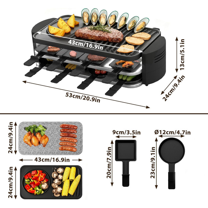 Електрогриль Raclette SUBTLETY для 8 осіб з гранітною плитою, антипригарним покриттям та 14 порціонними формами