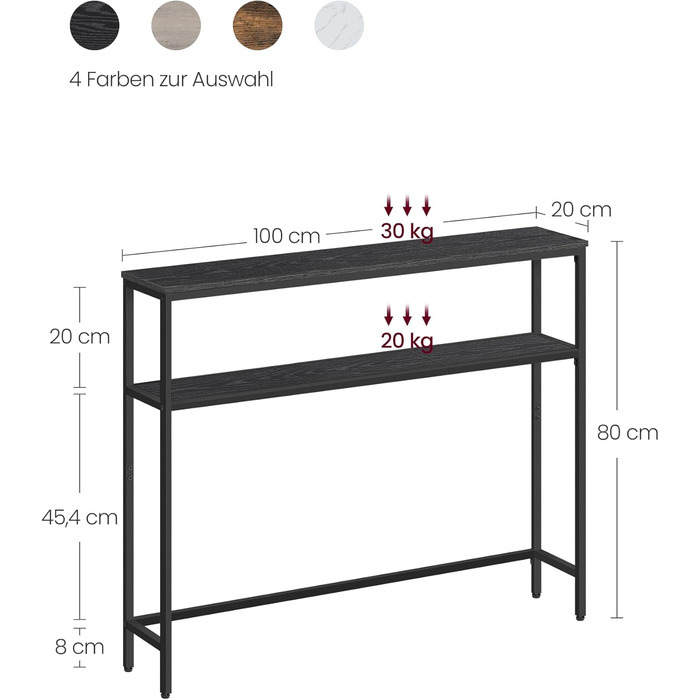 Консольний столик VASAGLE LNT131B22 - вузький журнальний столик з 2 полицями, 20 x 100 x 80 см, для передпокою, вітальні, спальні, антрацит-чорний