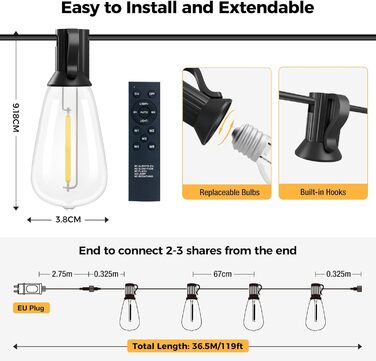 Світлодіодні струнні ліхтарі Libtit 36M з можливістю затемнення з дистанційним керуванням, 53 лампочки ST38, 4 режими, водонепроникний, на відкритому повітрі