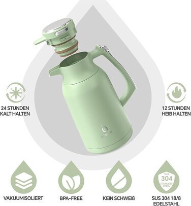 Термос IDEUS Thermoskanne 2л, нержавіюча сталь, подвійні стінки, вакуумна ізоляція, кавоварка-термос для кави та чаю, BPA-free, колір Celadon (авокадо)