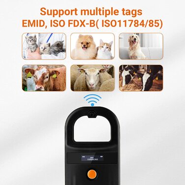 Сканер для зчитування мікрочіпів домашніх тварин Tera з D-подібною пряжкою, портативний сканер ідентифікаційних даних домашніх тварин з OLED-дисплеєм, перезаряджається сканер для собак, кішок, свиней по ISO 11784/11785, FDX-B, EMID, чорний