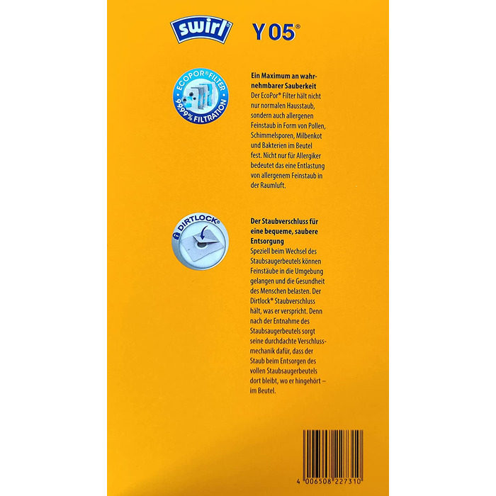 Пакет для пилососа Swirl y 05-6 шт. , пакет для пилососа EcoPor, річна поставка Y05