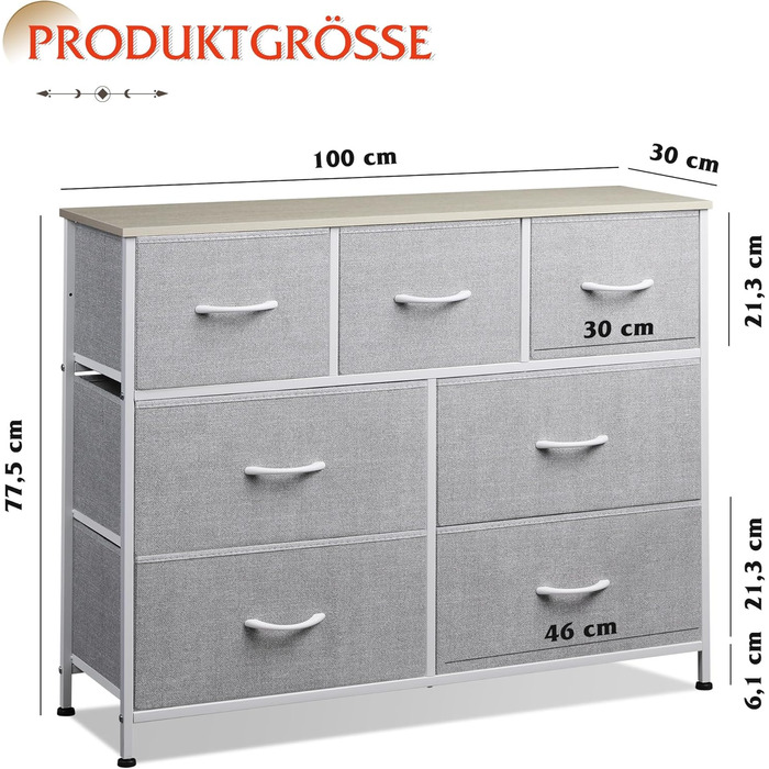 Комод WLIVE з тканини, 7 висувних ящиків, сірий - для спальні, вітальні