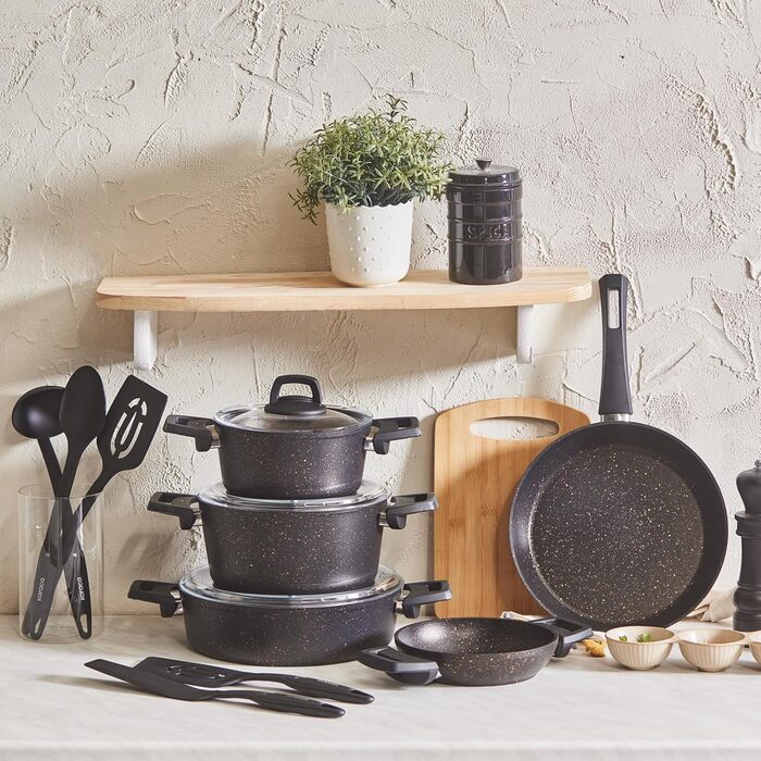 Набір каструль та сковорідок Karaca Ceramica Steel 3Ply: 13 предметів, чорний/золотий, з нержавіючою сталлю та керамічним покриттям