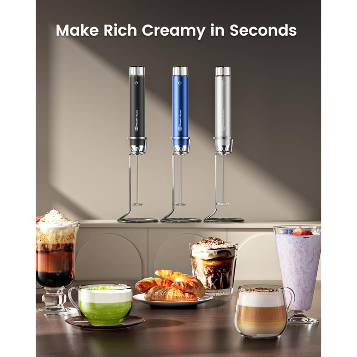 Електричний піногасник для молока Maestri House з регулюванням швидкості, знімний металевий вінчик, для лате та капучино (Металевий блакитний)