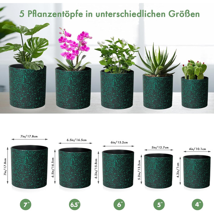 5шт горщиків для квітів з підставкою, 17.8/15.2/14/12.7/10.2см, пластикові горщики для рослин, гідропоніка, набір горщиків для дому та балкону, зелені з коричневим піддоном (7+6+5.5+5+4 дюйми)