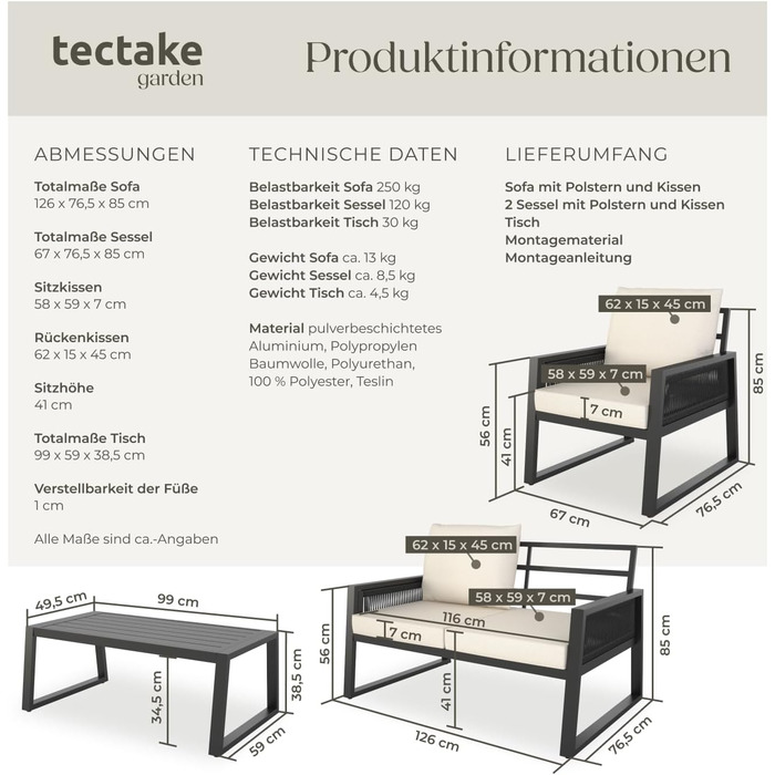 Набір садово-розкішних меблів tectake® з ротангу для саду/балкону: 2 крісла, диван, стіл, подушки, 4 місця, вологостійкі
