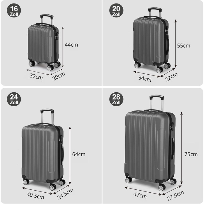 Набір валіз LALAHO 3/4/5 шт. з косметичками, жорсткий корпус ABS, сірий колір. Ідеальний для подорожей та ручної поклажі