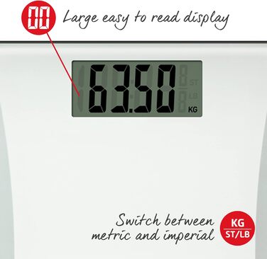 Цифрові ваги для ванної кімнати Salter 9073 WH3R - з аналізом жиру, РК-дисплей, електронні скляні ваги з високою точністю, з кроком 50 г, step-on, килимові ніжки в комплекті, 180 кг, білий