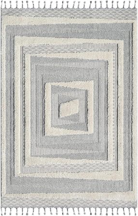 Килим City Boho Carpet Cream 80x150 см - Орнаменти, 3D Ефект, Сизаль, Бахрома (Сірий Меандр, 200x290 см)