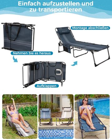 Лежак для відпочинку KingCamp великого розміру, складаний, 5 положень, для саду, кемпінгу, пляжу, 200 x 68 см, сірий, з подушкою та кишенею, до 200 кг