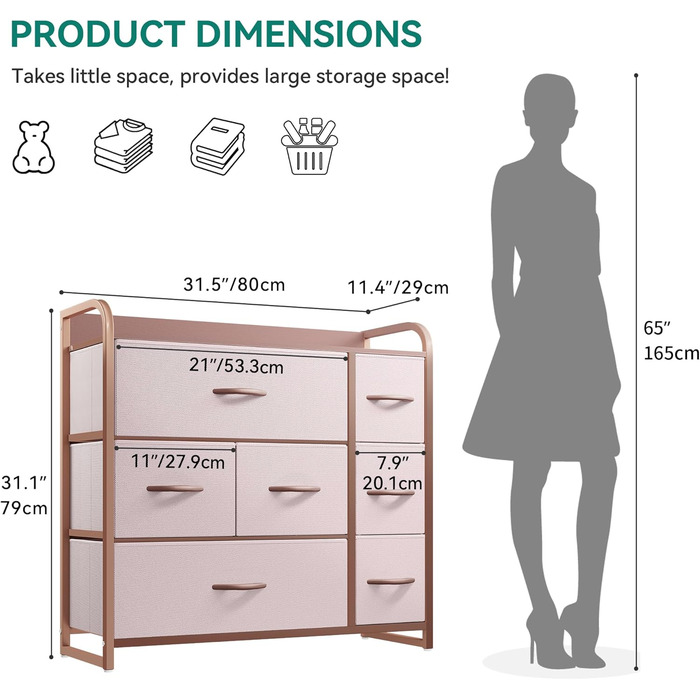Комод, 7 шухляд тканина, індустріальний стиль, для спальні/вітальні, рожевий