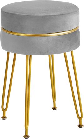 Пуф-табуретка з велюру круглої форми, сірий колір, золоті металеві ніжки, 31T x 31B x 46H см, IBUYKE