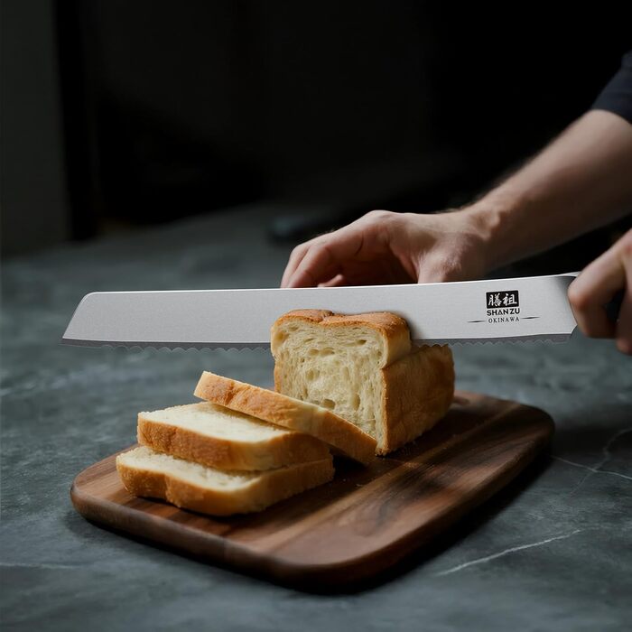 SHAN ZU Profi кухонний ніж 18 см - японський кухонний ніж з високоякісної сталі 10Cr15Mov, 12° заточка, ергономічна ручка з паккавуда - для м'яса, овочів, риби (хлібний ніж 25 см)